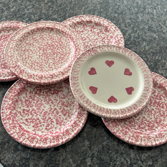 6 Roseville Spongeware Charming Pink Heart Plates Set - Picture 2 of 4